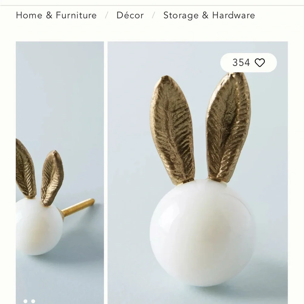 Anthropologie White Ceramic Knob with Gold Bunny Ears